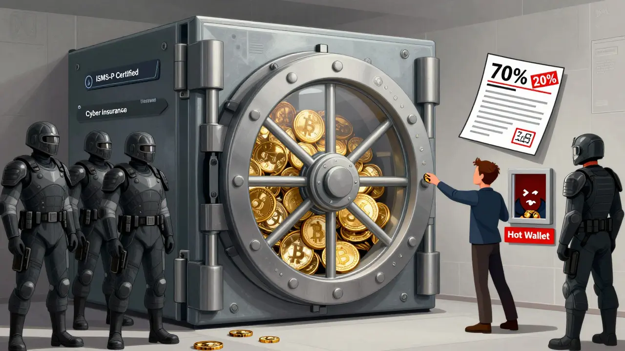 Secure digital vault storing most crypto offline, with trader limited to small trades and a 20% tax stamp above.