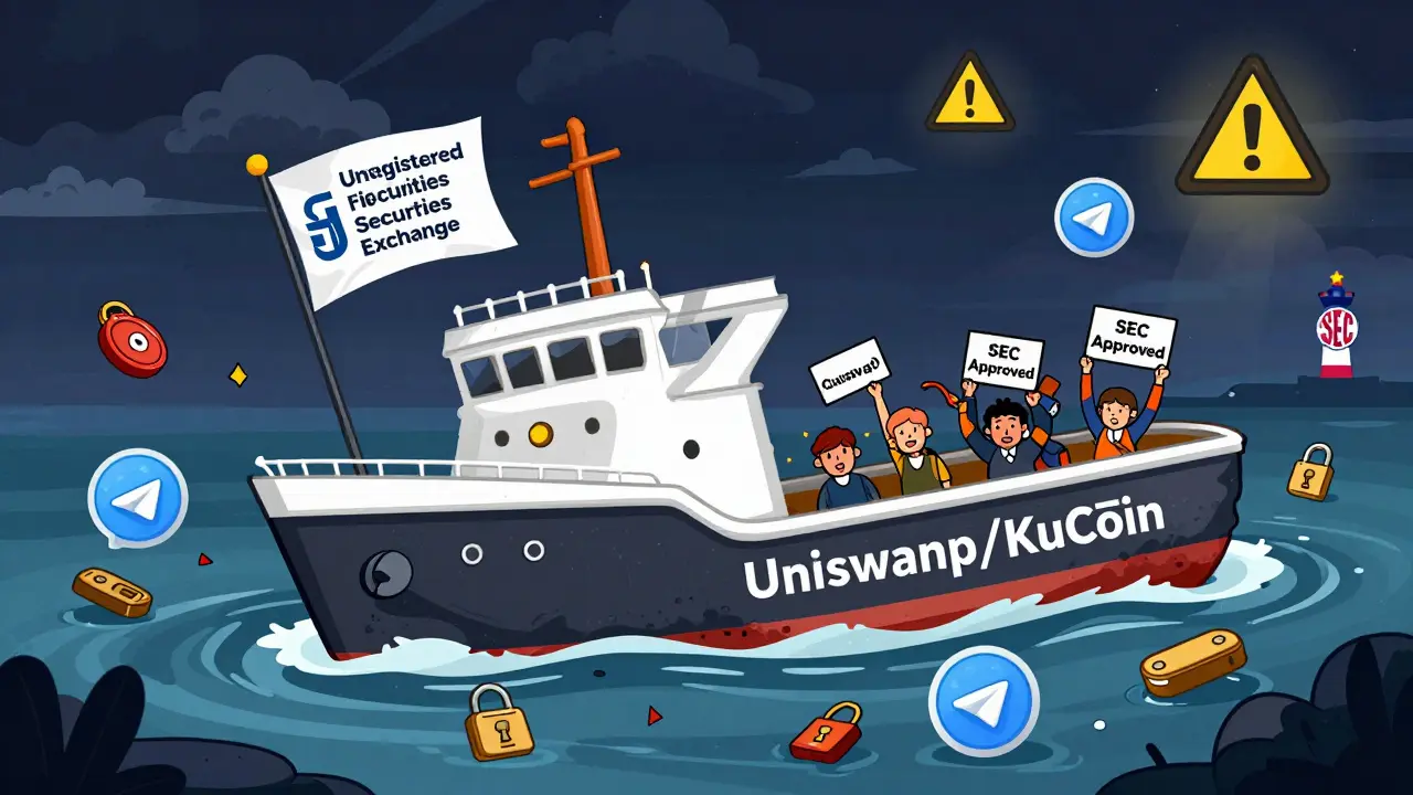 Sinking Fidex ship surrounded by scam debris, with a distant lifeboat labeled 'Uniswap/KuCoin' drifting away.