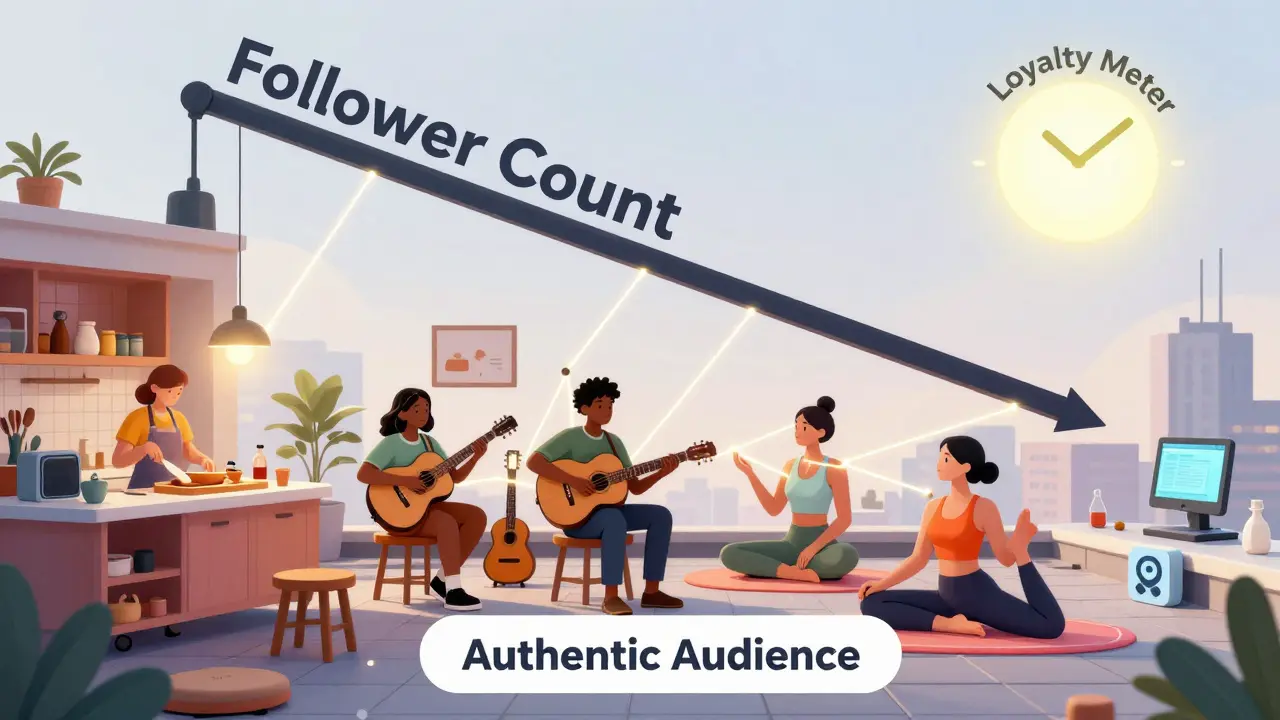 Small groups of niche creators connected by loyalty threads, while follower counts fade and authenticity shines.
