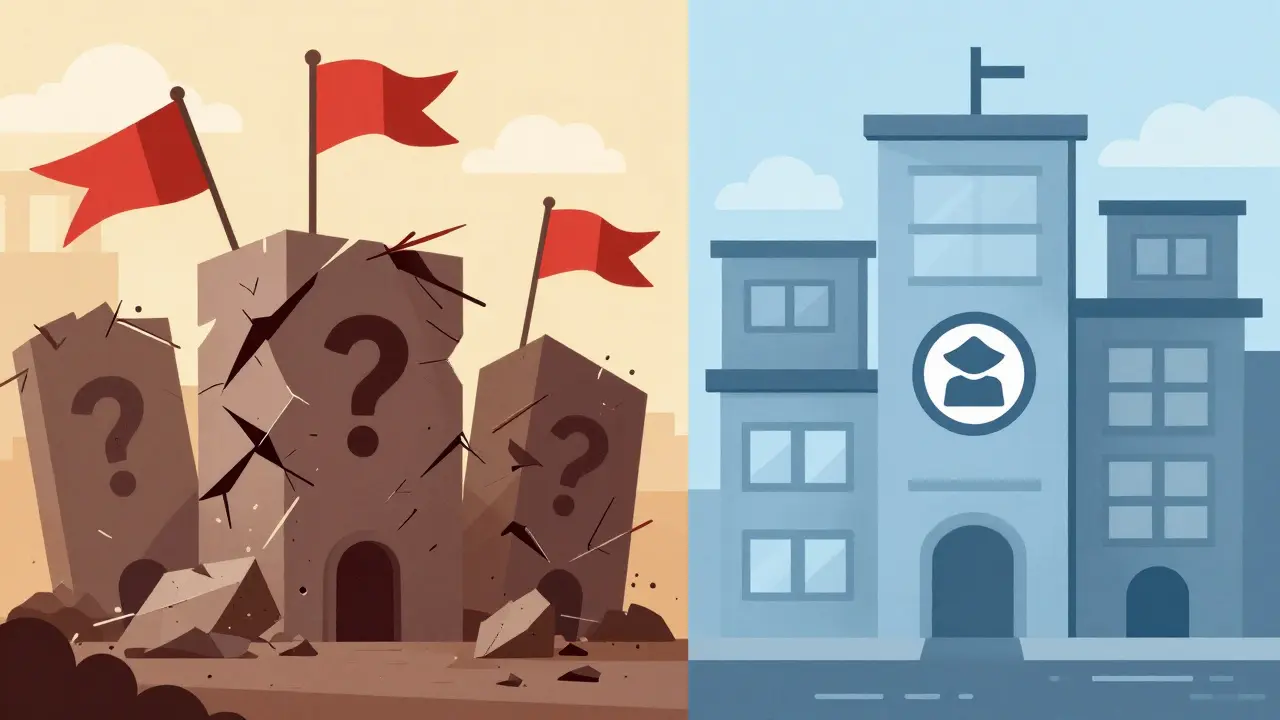 Split scene: crumbling structures vs stable exchange buildings with security symbols