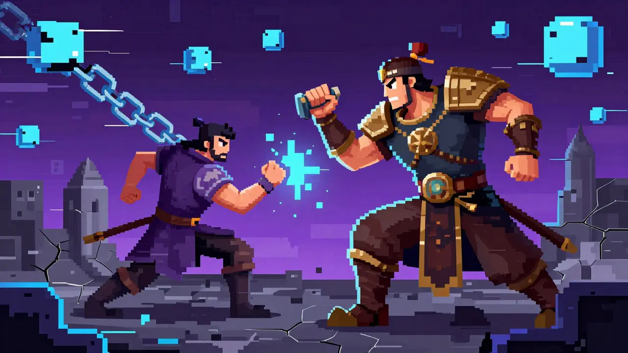 Warrior in glitching digital realm with broken blockchain chains