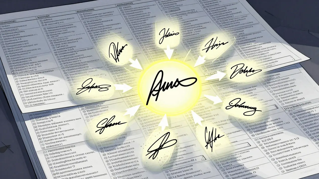 A blockchain with eleven decoy signatures surrounding one real transaction, obscuring its origin.