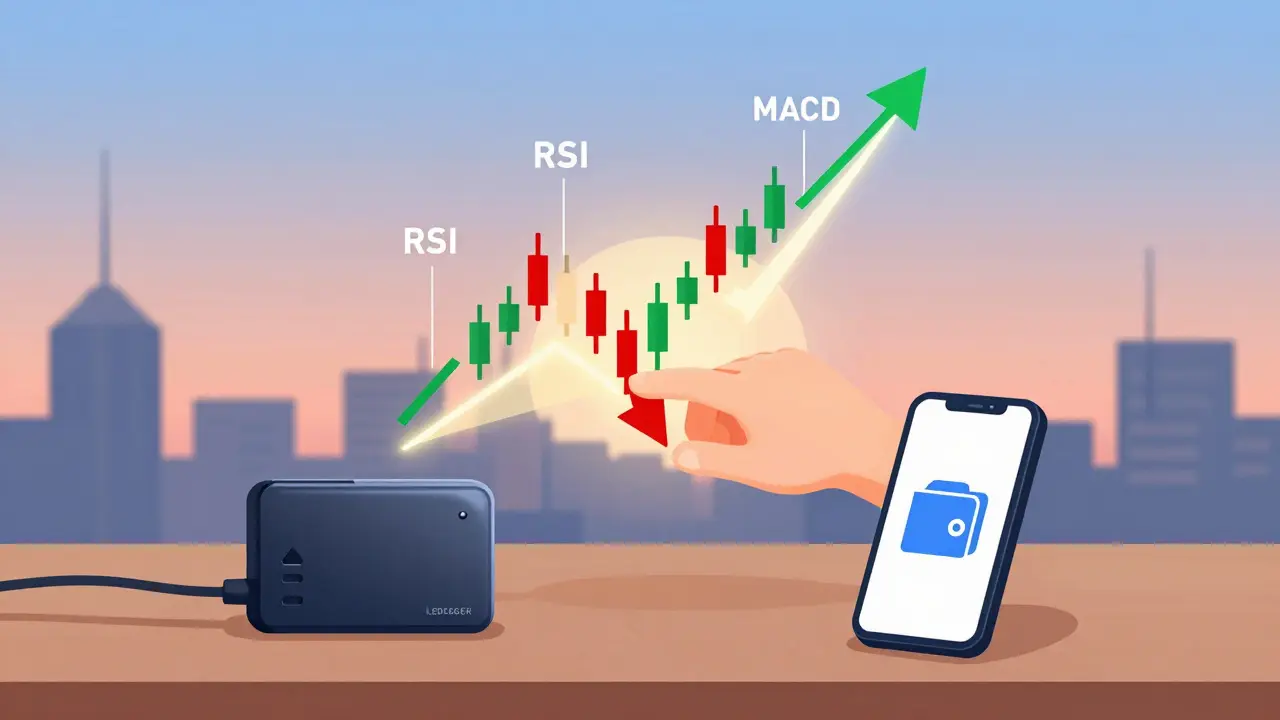 A candlestick chart with trading indicators and a cold wallet beside a phone, showing stop-loss and take-profit actions.