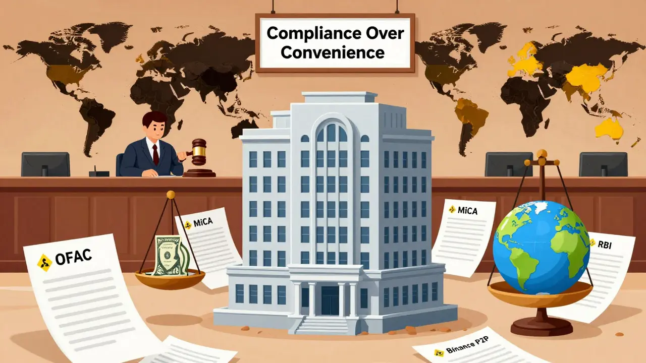 A courtroom scene with Coinbase on trial, legal documents surrounding it, and a scale balancing U.S. dollars against restricted countries.