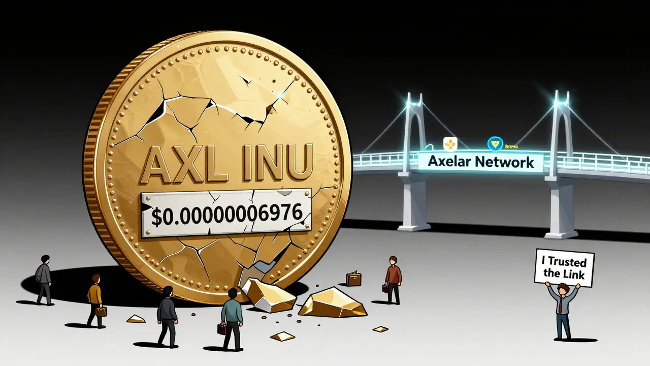 A crumbling 'AXL INU' monument falls apart as tiny figures hold empty wallets, while a legitimate Axelar Network bridge shines safely in the distance.