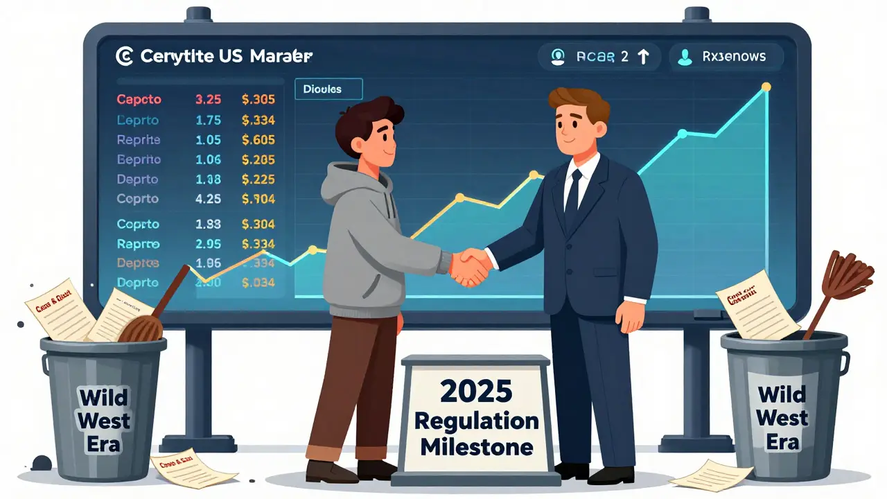 A crypto entrepreneur and regulator shake hands atop a milestone pedestal as outdated regulatory notices are discarded.