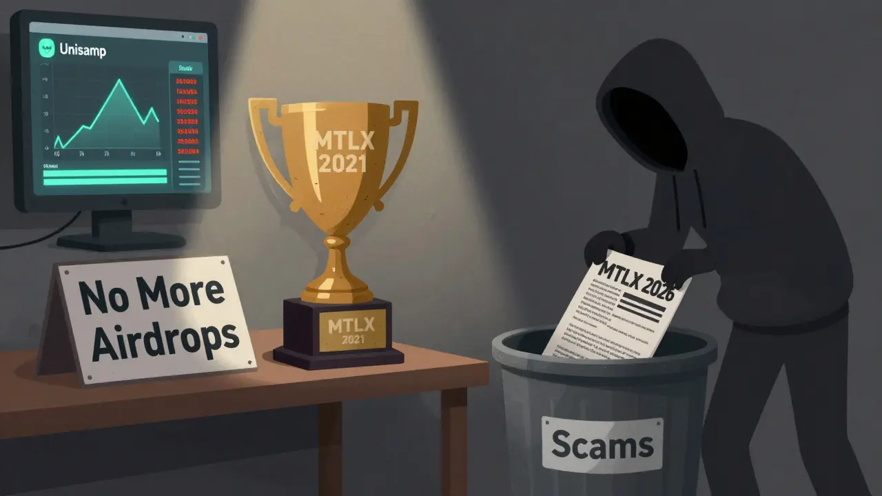 A dusty 'MTLX 2021' trophy sits beside a 'No More Airdrops' sign, while a scam flyer is thrown away.