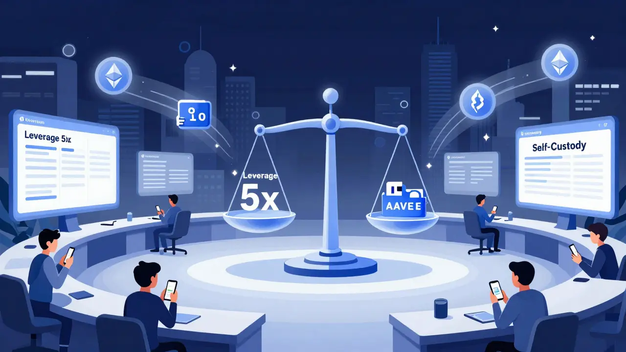 A futuristic trading interface with floating assets and self-custody balanced against leverage, users trading anonymously via phones on a blockchain-powered platform.