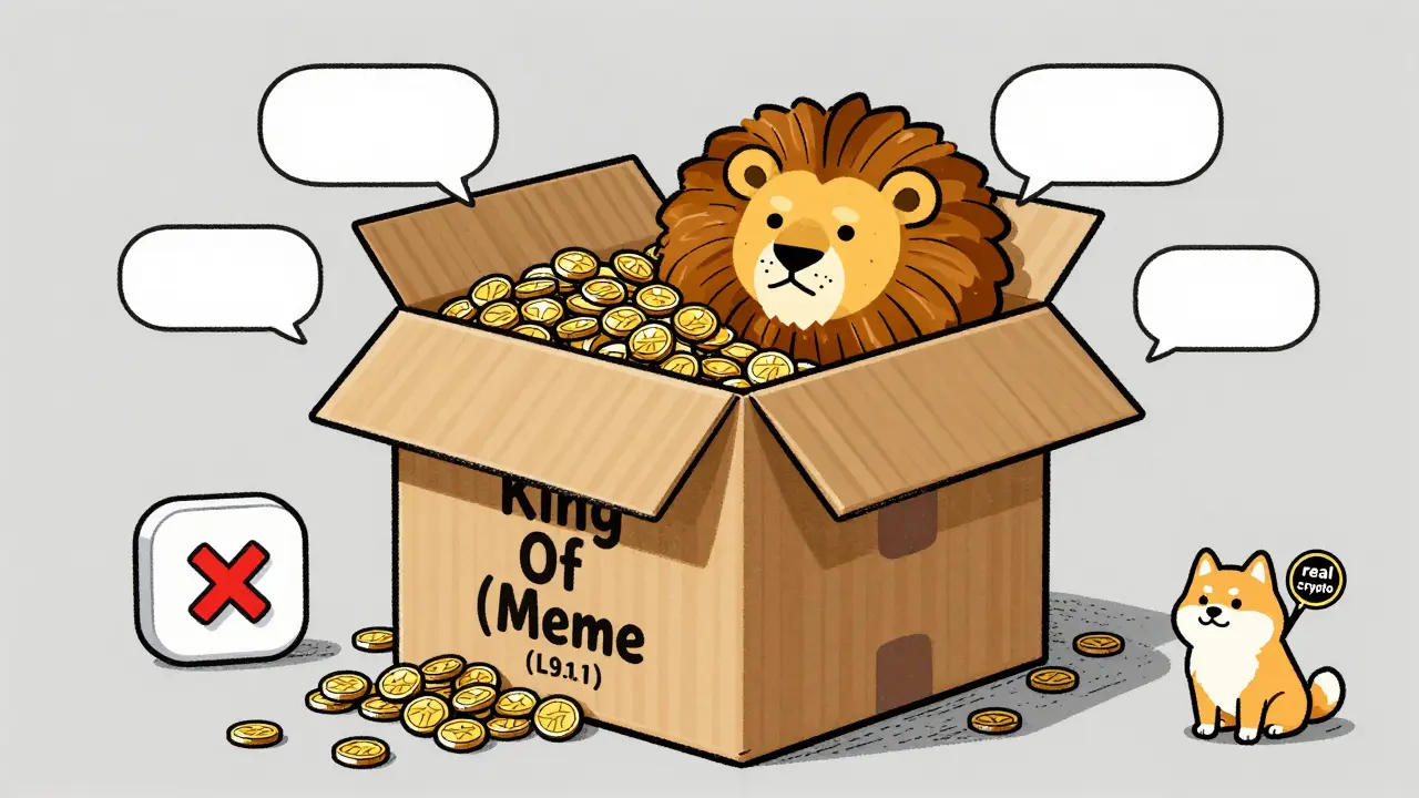 A giant empty box labeled 'LION' spills trillions of tokens, surrounded by dead tech icons and a smiling Dogecoin.
