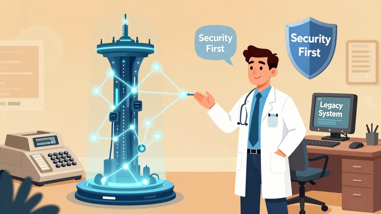 A hybrid oracle bridge connecting modern decentralized nodes with legacy enterprise systems, symbolizing secure integration.