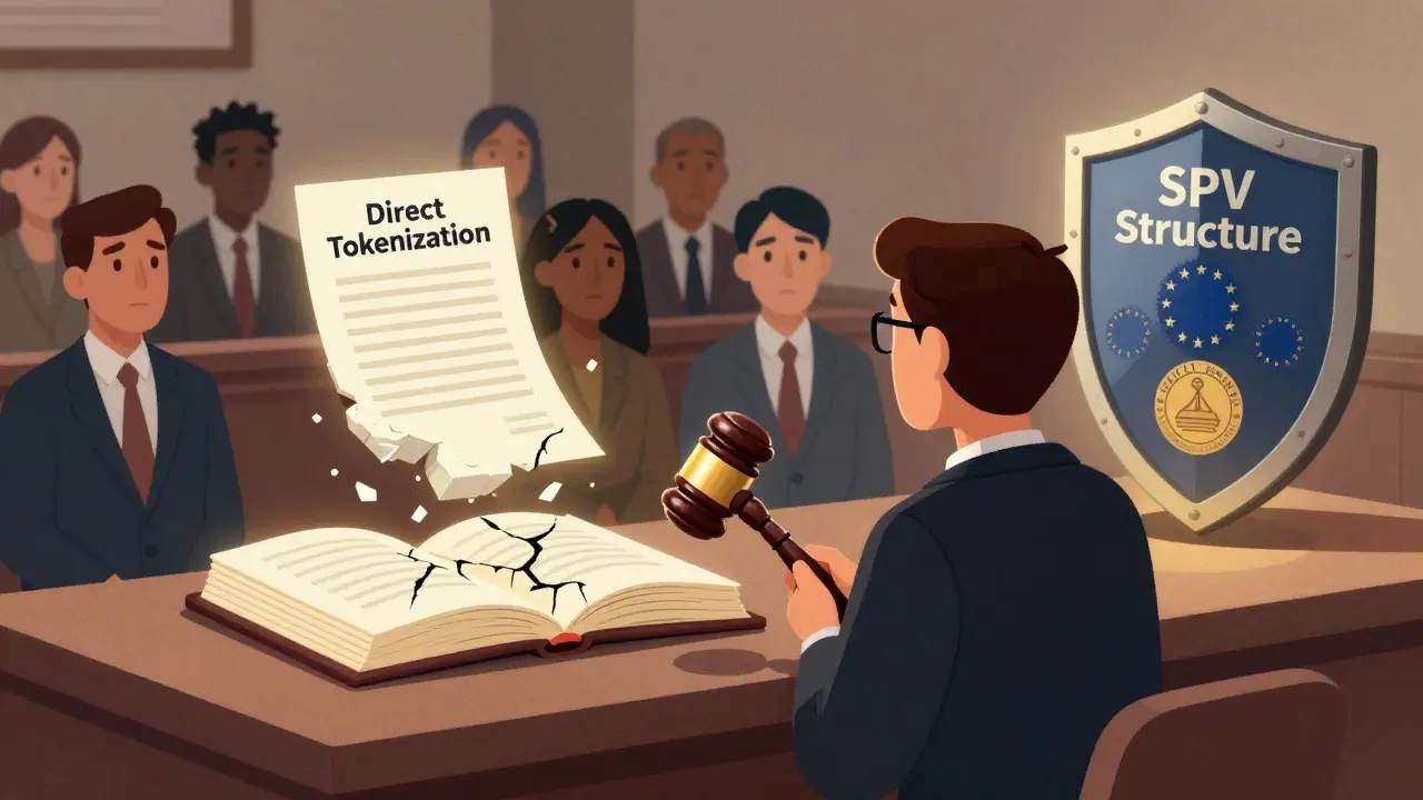 A judge with a blockchain gavel presides over a courtroom where a fragile digital deed crumbles beside a sturdy legal shield representing SPV structure.