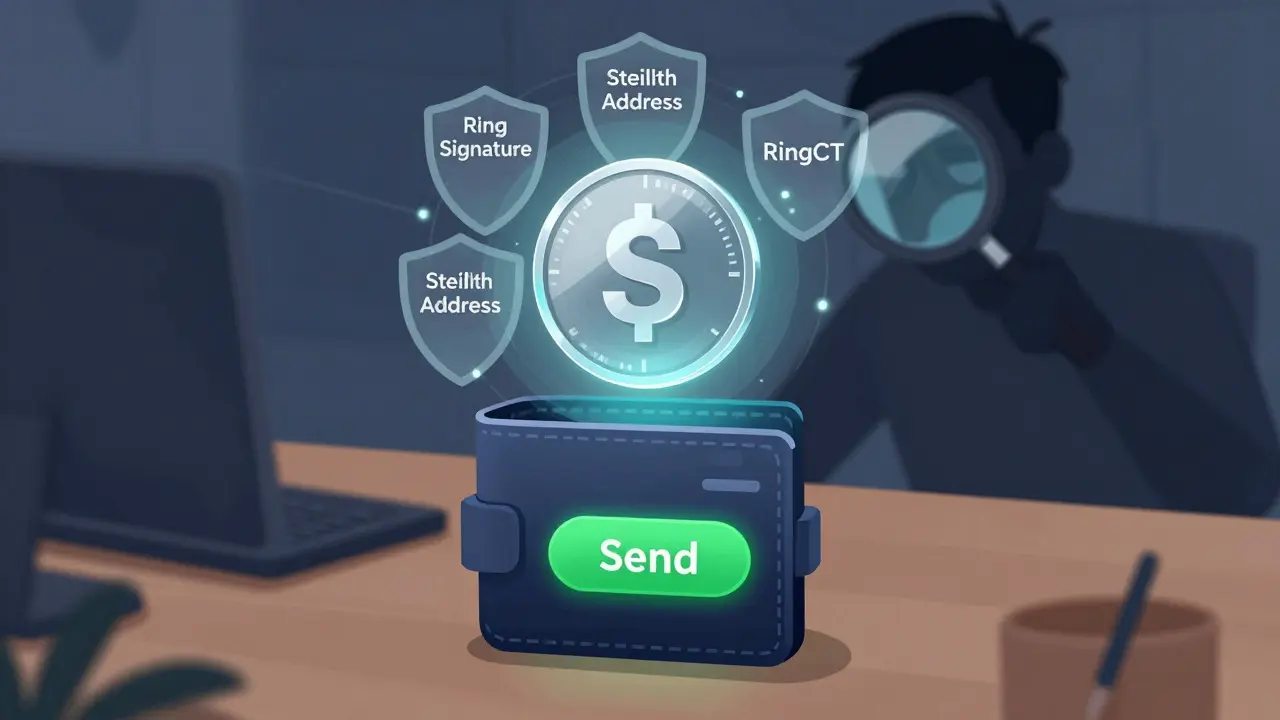 A Monero coin protected by three privacy layers, with an analyst unable to trace it.