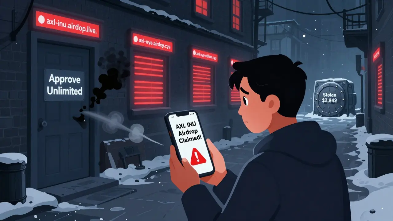 A person stares at a phone with a fake airdrop alert while dark fake websites glow behind them, smoke rising toward a stolen funds vault.