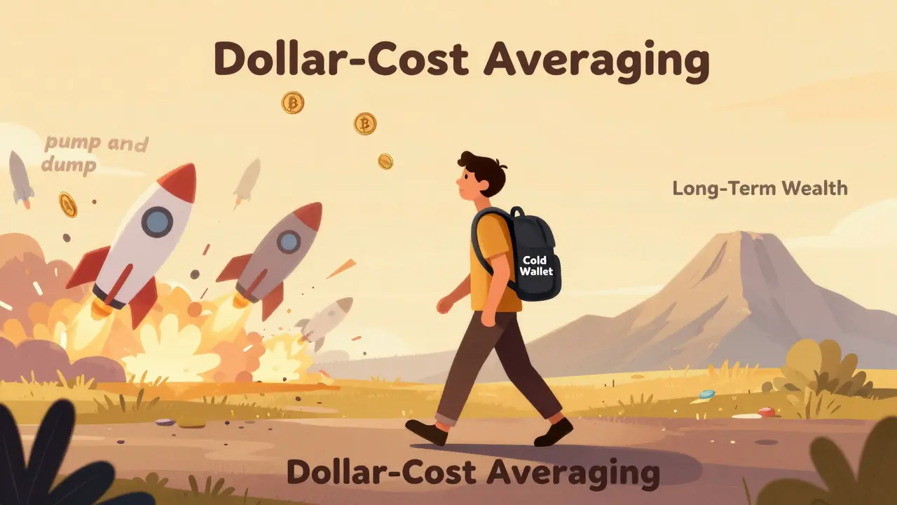A person walking toward long-term wealth while weekly Bitcoin purchases fall from above, avoiding chaotic market pumps behind.
