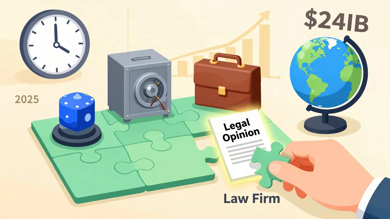 A puzzle of blockchain, vault, and legal elements is completed by a glowing legal opinion document, symbolizing the essential role of law in tokenization.