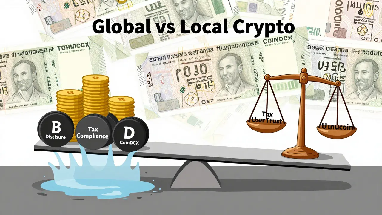 A seesaw contrasts global and Indian crypto exchanges under compliance pressures.