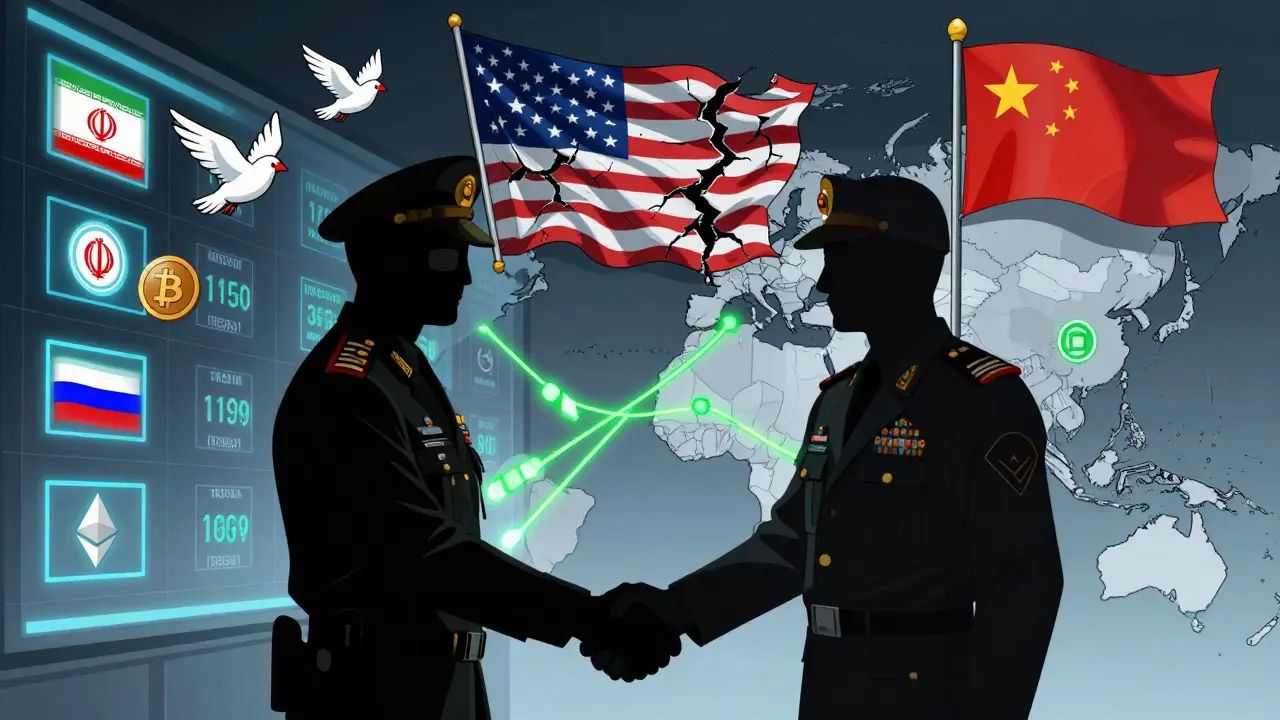 A shadowy handshake between IRGC and Chinese engineer as Bitcoin and Ethereum icons fly over a map of sanctioned nations, with a crumbling dollar flag.