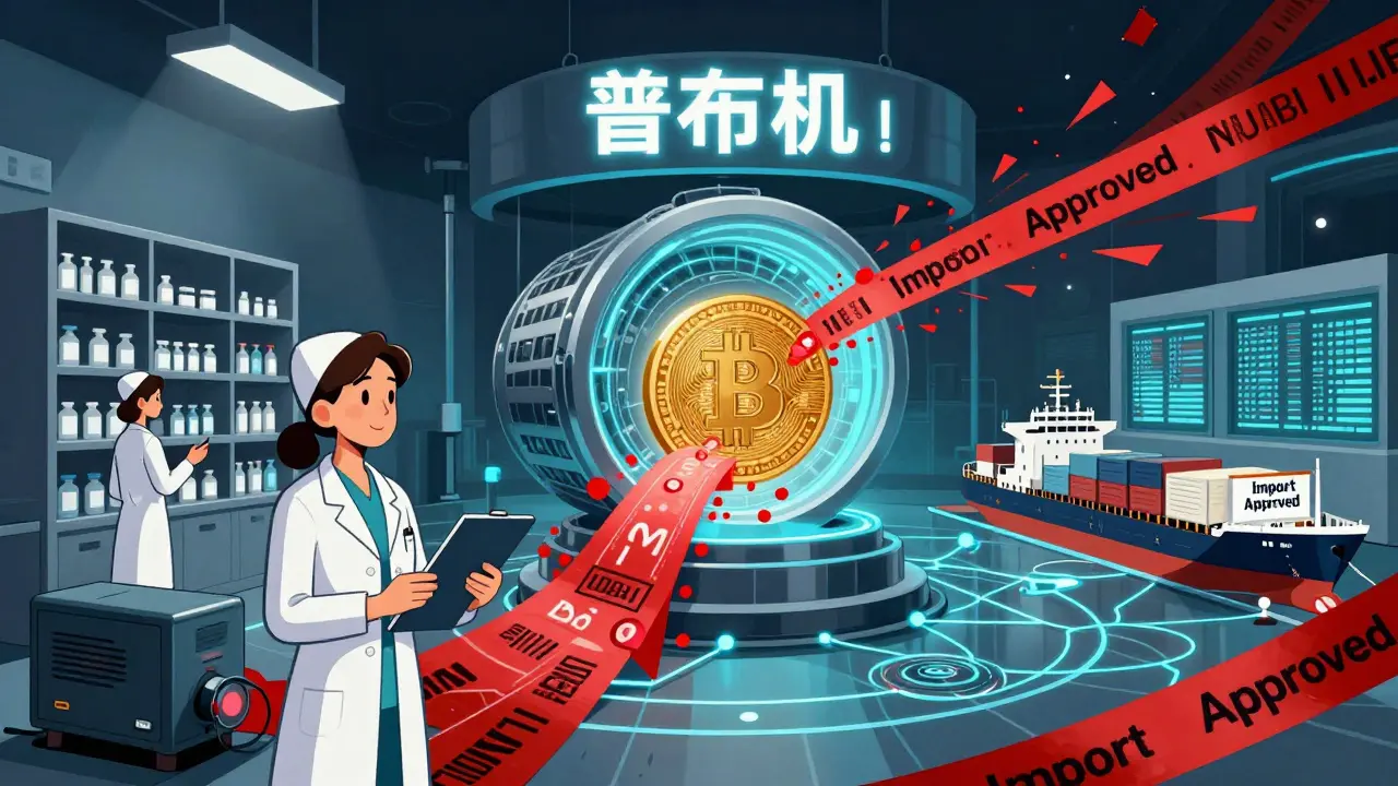 A split scene: a dim Iranian hospital with empty shelves versus a crypto hub sending medical supplies via blockchain to a ship in Dubai.