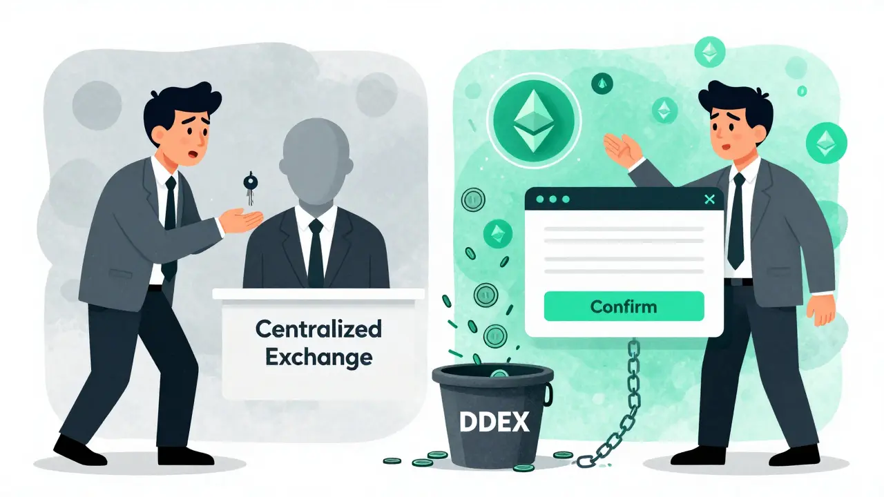 A split scene showing the contrast between surrendering control to a centralized exchange versus confidently trading on DDEX with zero fees and self-custody.