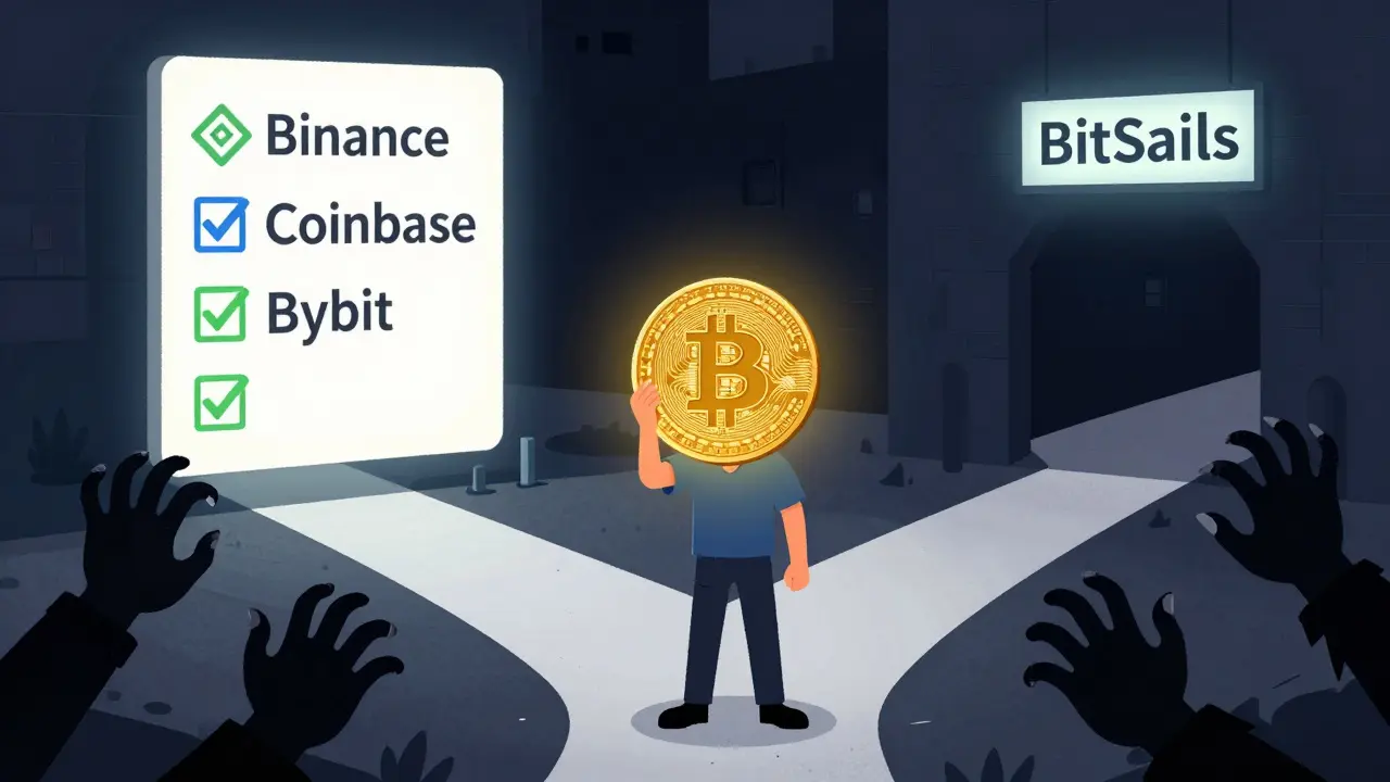 A trader at a crossroads choosing between trusted exchanges and a dark alley labeled 'BitSails' with shadowy figures.