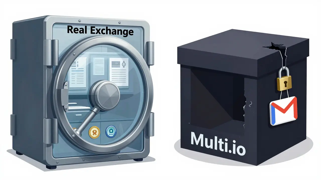 A transparent, legitimate exchange vault contrasts with a hollow, empty box labeled Multi.io, showing zero transparency.