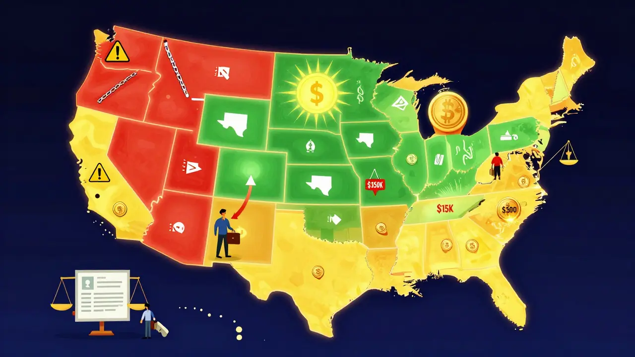 A U.S. map with states color-coded by crypto regulatory strictness, showing business migration patterns.