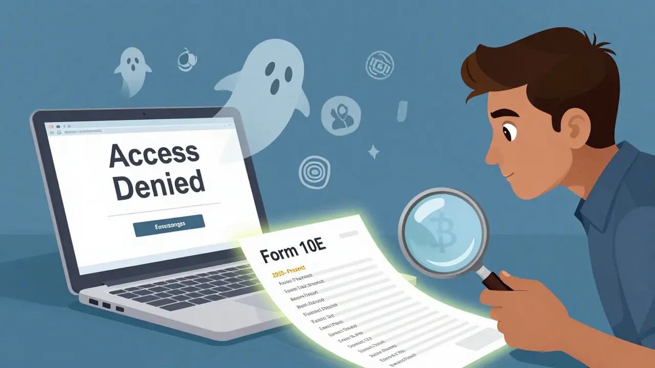 A user sees a blocked crypto site as a tax form emerges from a compliant exchange.
