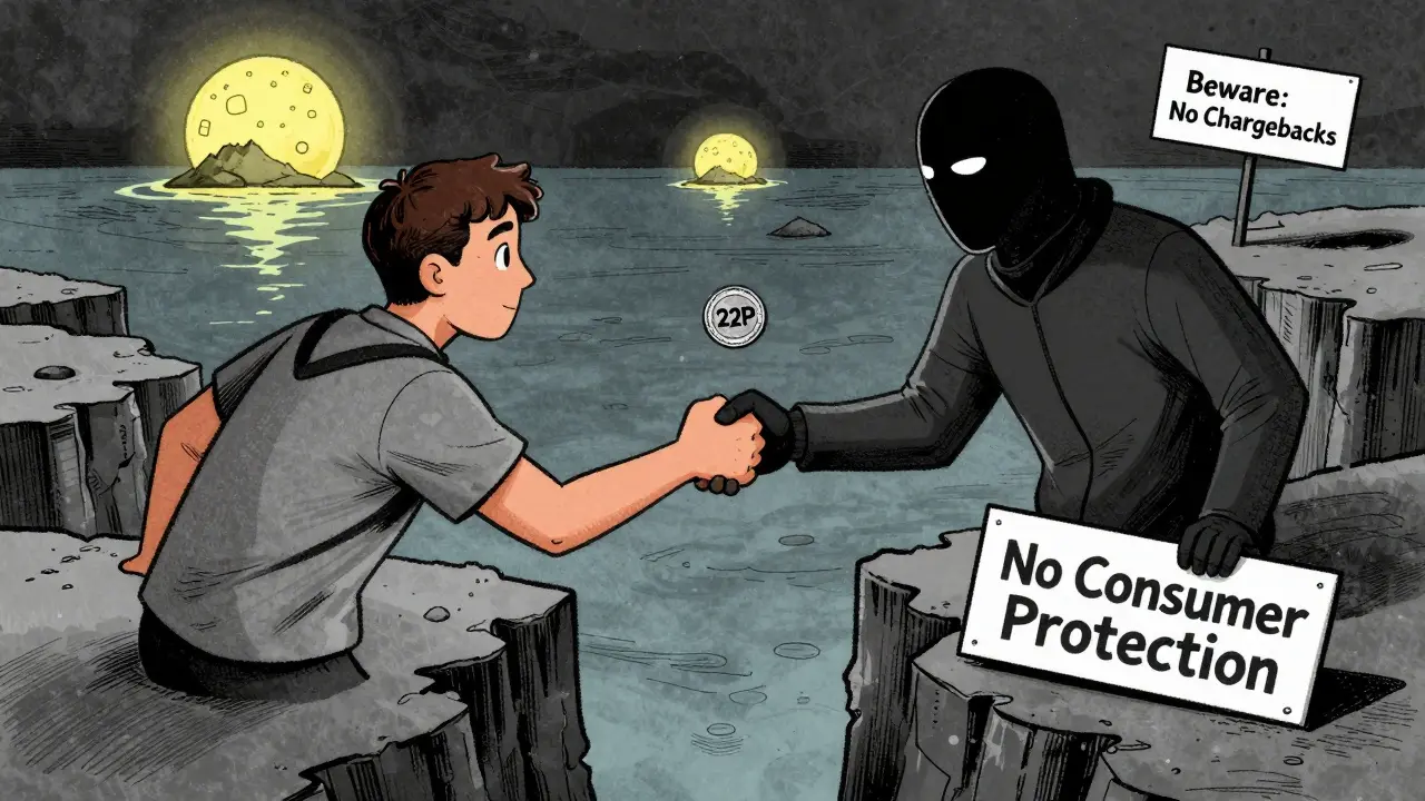 A user shaking hands with a masked stranger over a chasm labeled 'No Consumer Protection' while offshore exchanges glow in the distance.