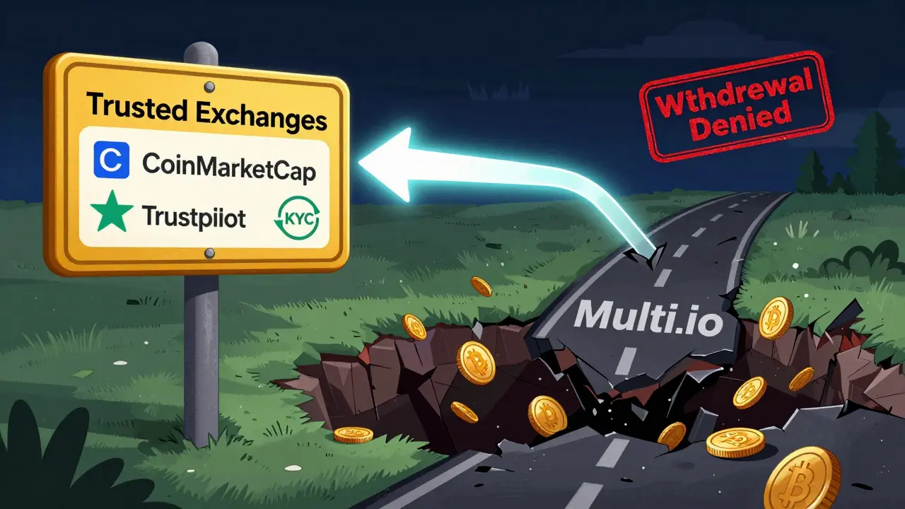 A warning signpost directs users away from a crumbling road labeled Multi.io toward trusted exchanges with verification badges.