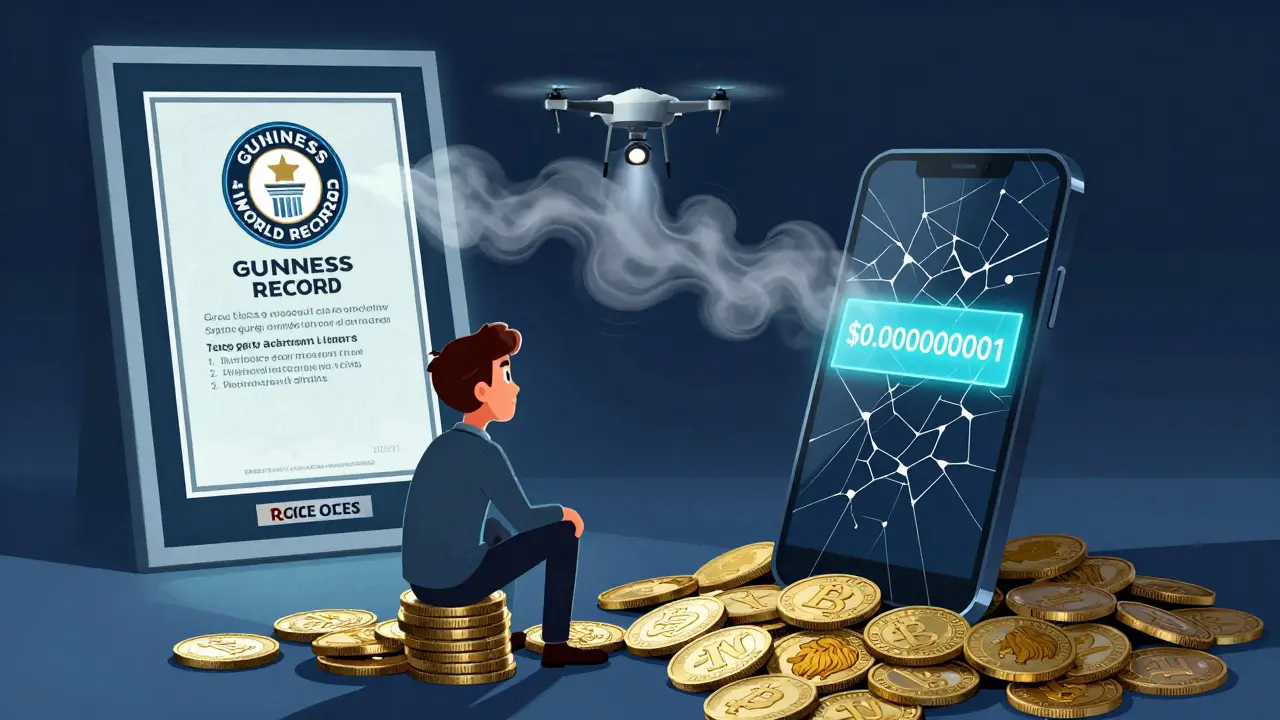 An investor stares at a <h2>Is LION a scam?</h2> price on a phone, while a faded drone show certificate dissolves into smoke.