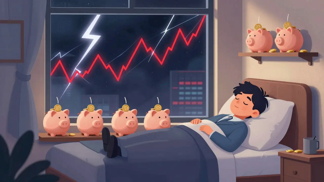 Calm sleeper indoors while financial market storm rages outside window