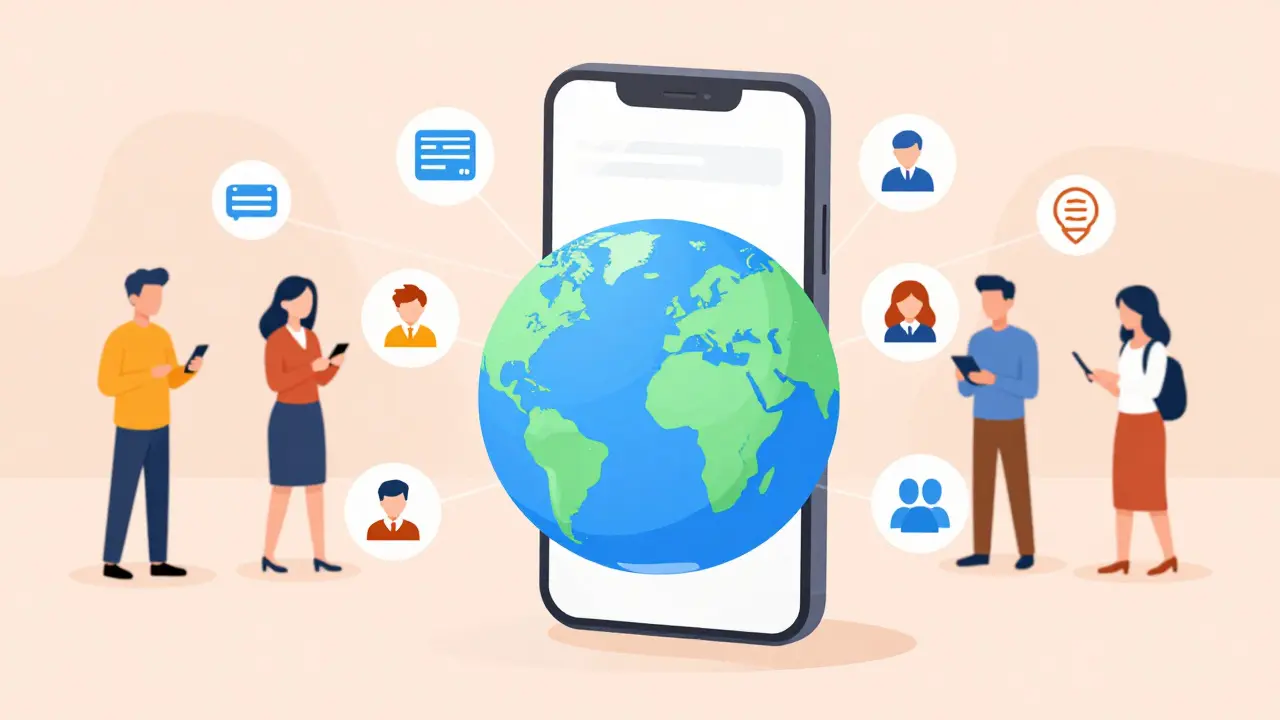 Cartoon style image of a smartphone connected to a global network of merchants.