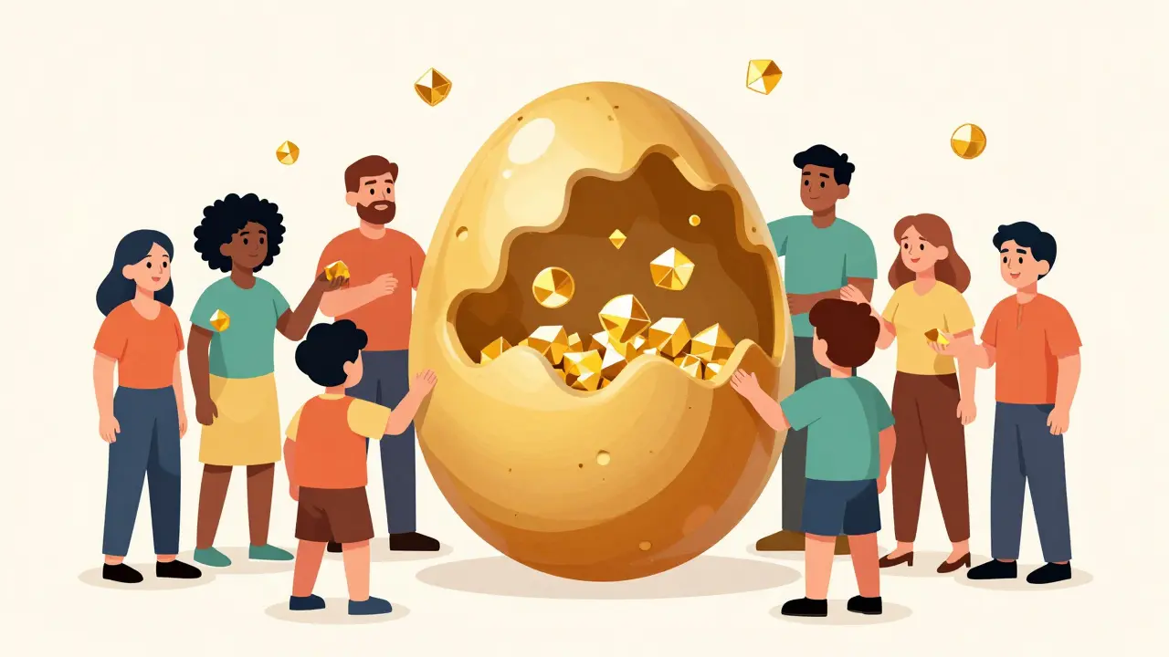 Characters placing shiny tokens into a communal egg-shaped chest.