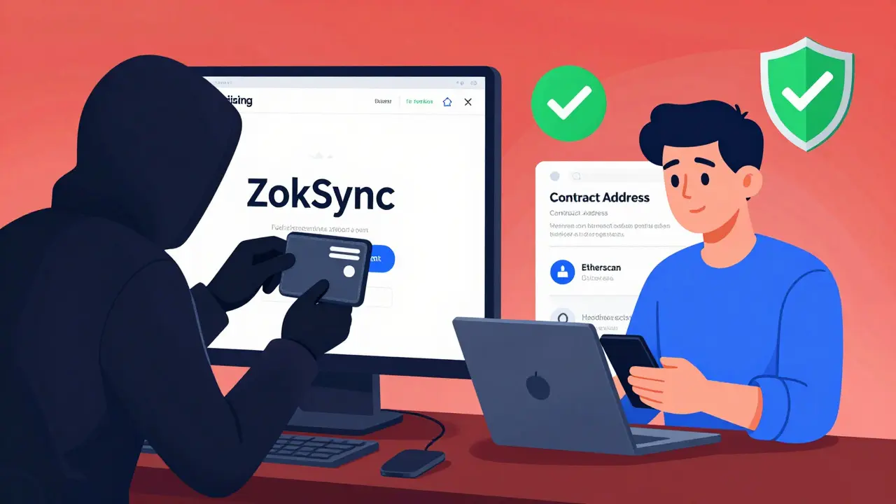 Contrasting scenes: a phishing scam on one side, a secure wallet verification on the other, with safety symbols.