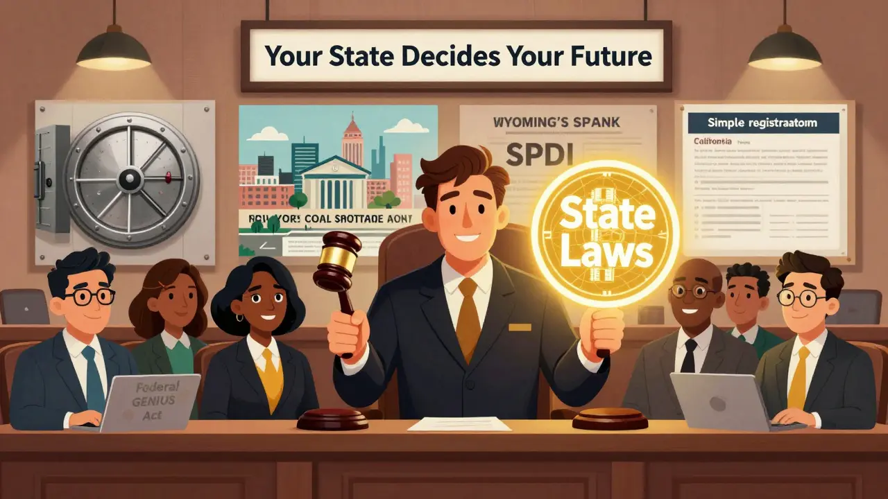 Entrepreneurs in a courtroom where state laws overshadow federal crypto policy in an editorial illustration.