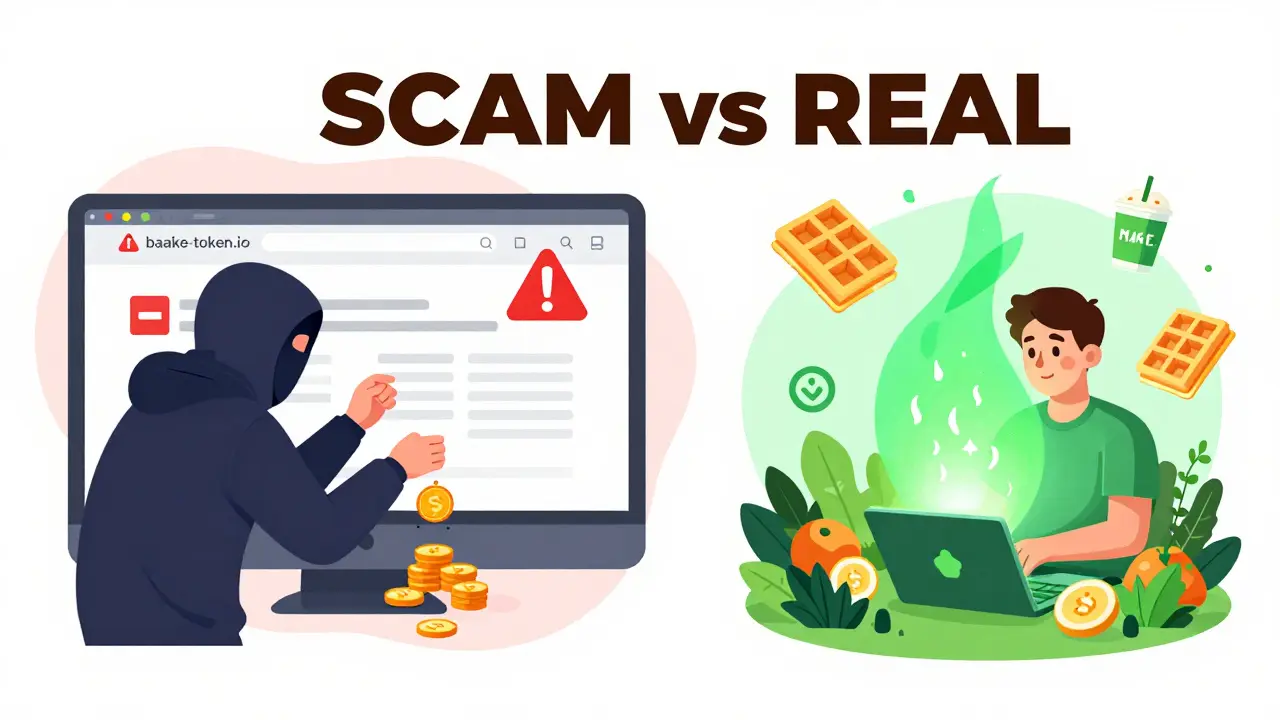 Left: Scammer tricking user with fake site. Right: Real user staking BAKE with glowing food NFTs in safe DeFi farm.