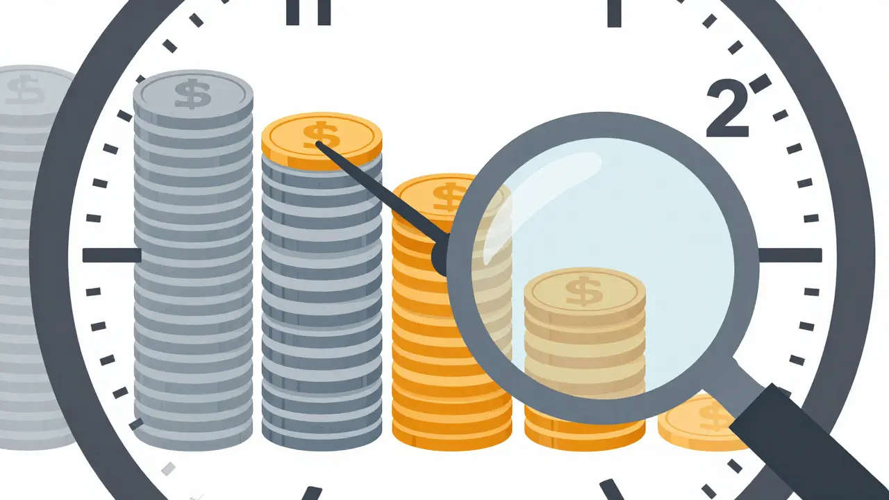 Organized coin stacks with clock highlighting precise time tracking.