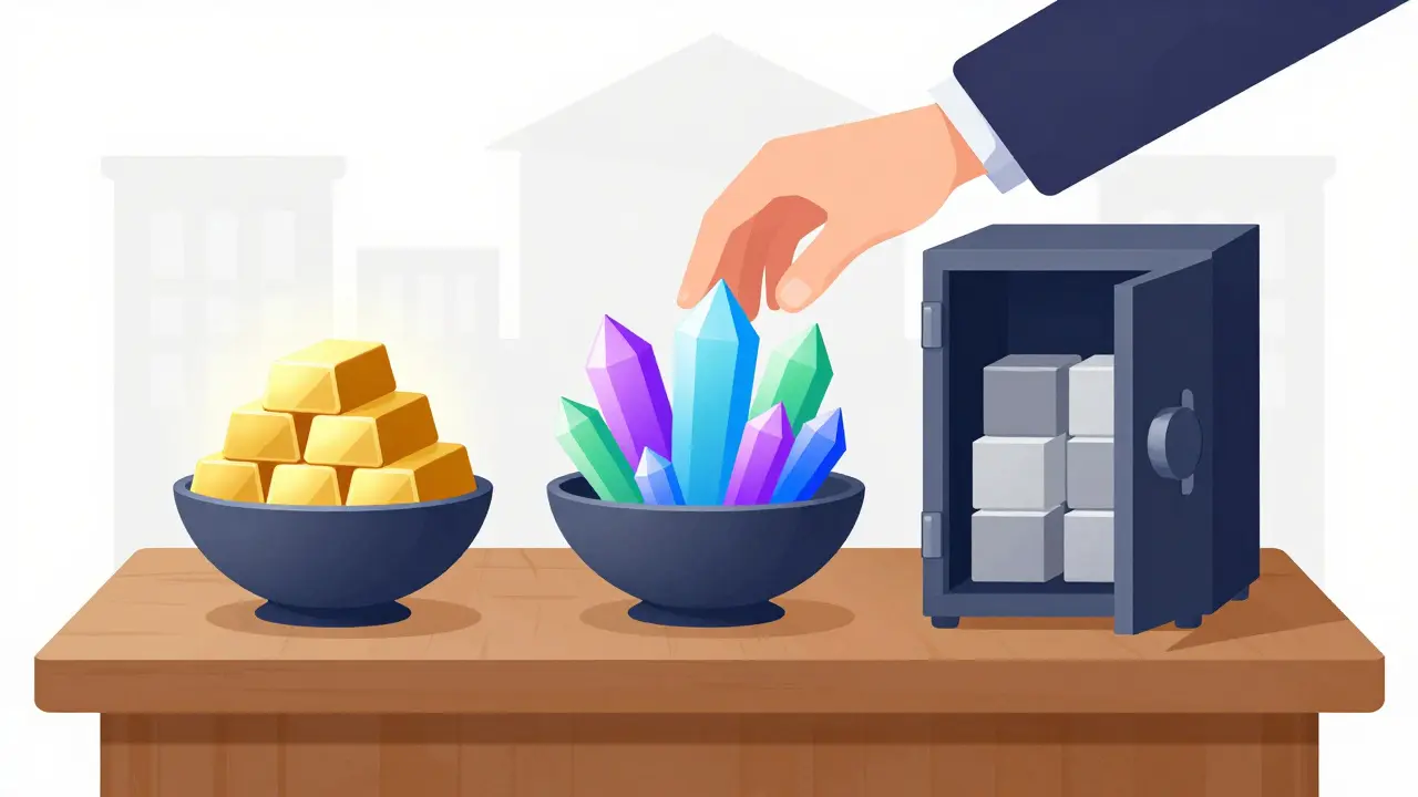 Organized containers holding different types of investment assets