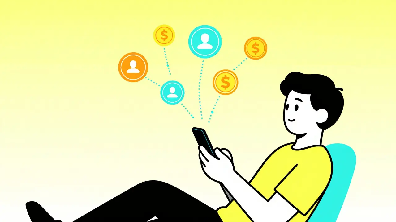 Person holding smartphone with floating crypto coins and connection lines.