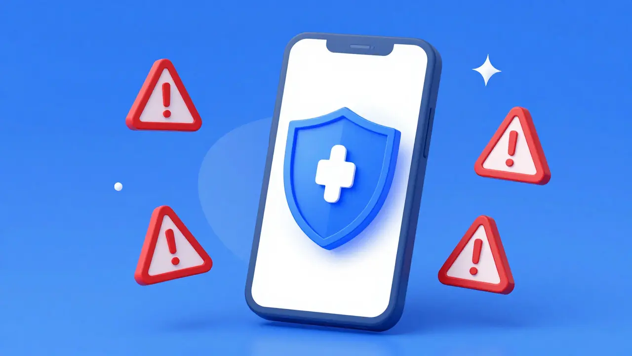 Smartphone wallet icon shielded from surrounding warning triangles.