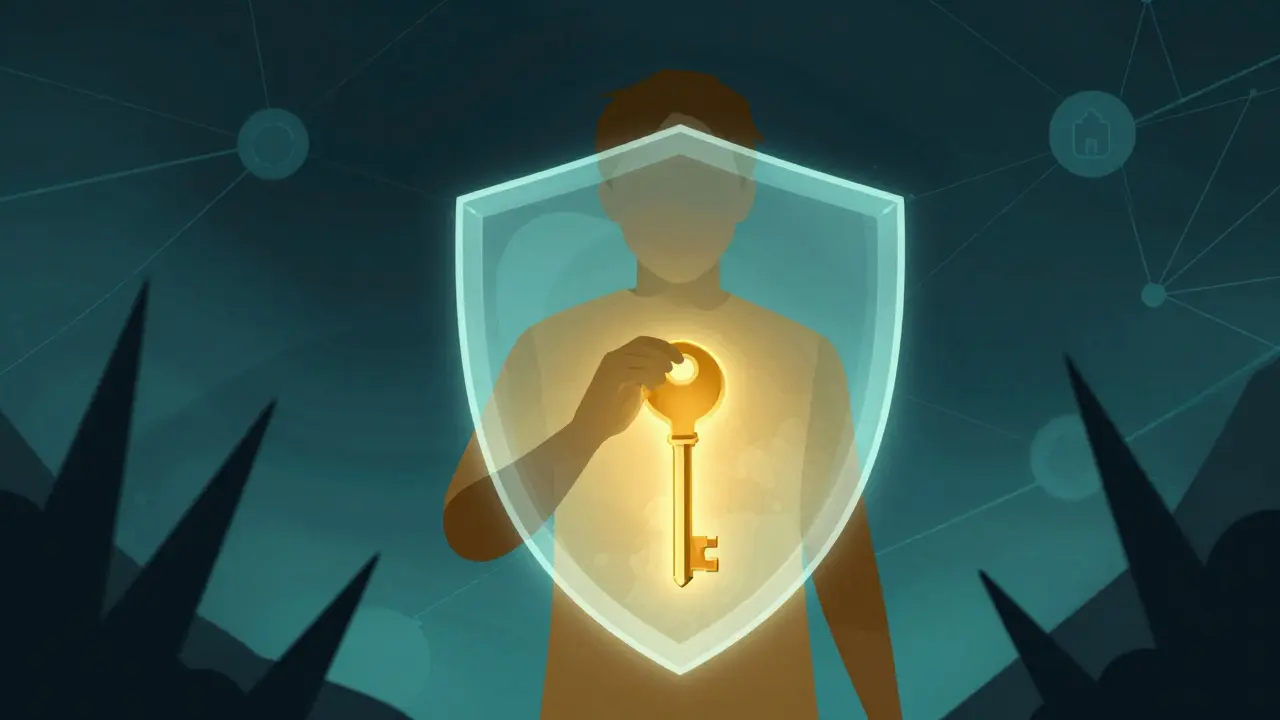 Stylized user holding digital wallet key protected by security shield