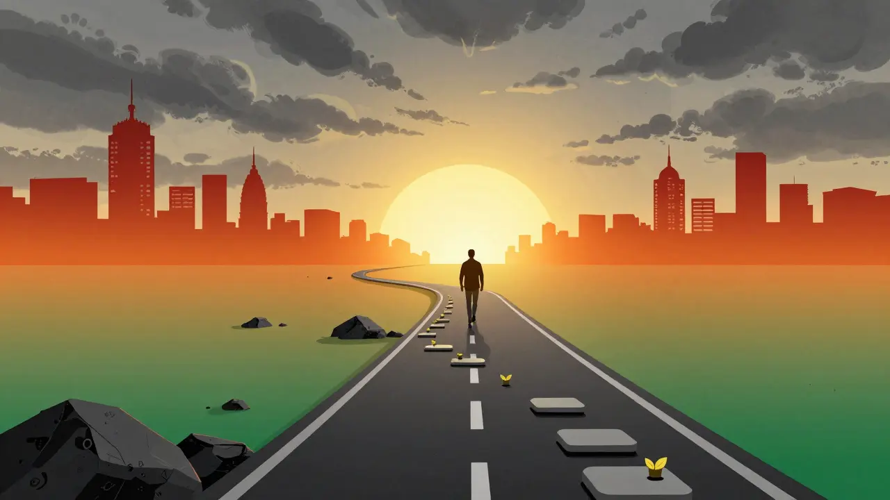 Traveler on a path transforming from rough terrain to smooth road