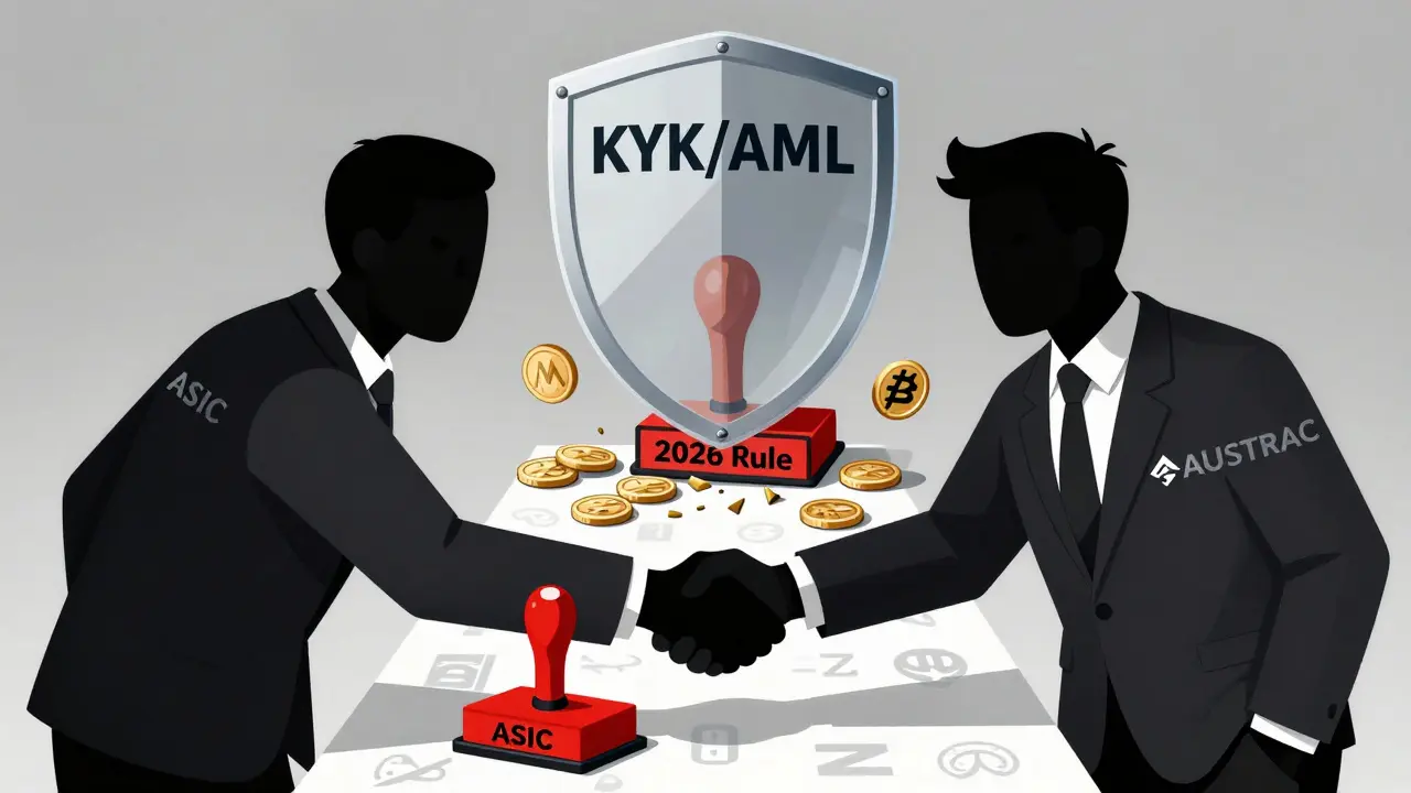 Two regulatory figures crushing privacy coins under a '2026 Rule' stamp while a KYC/AML shield looms above.