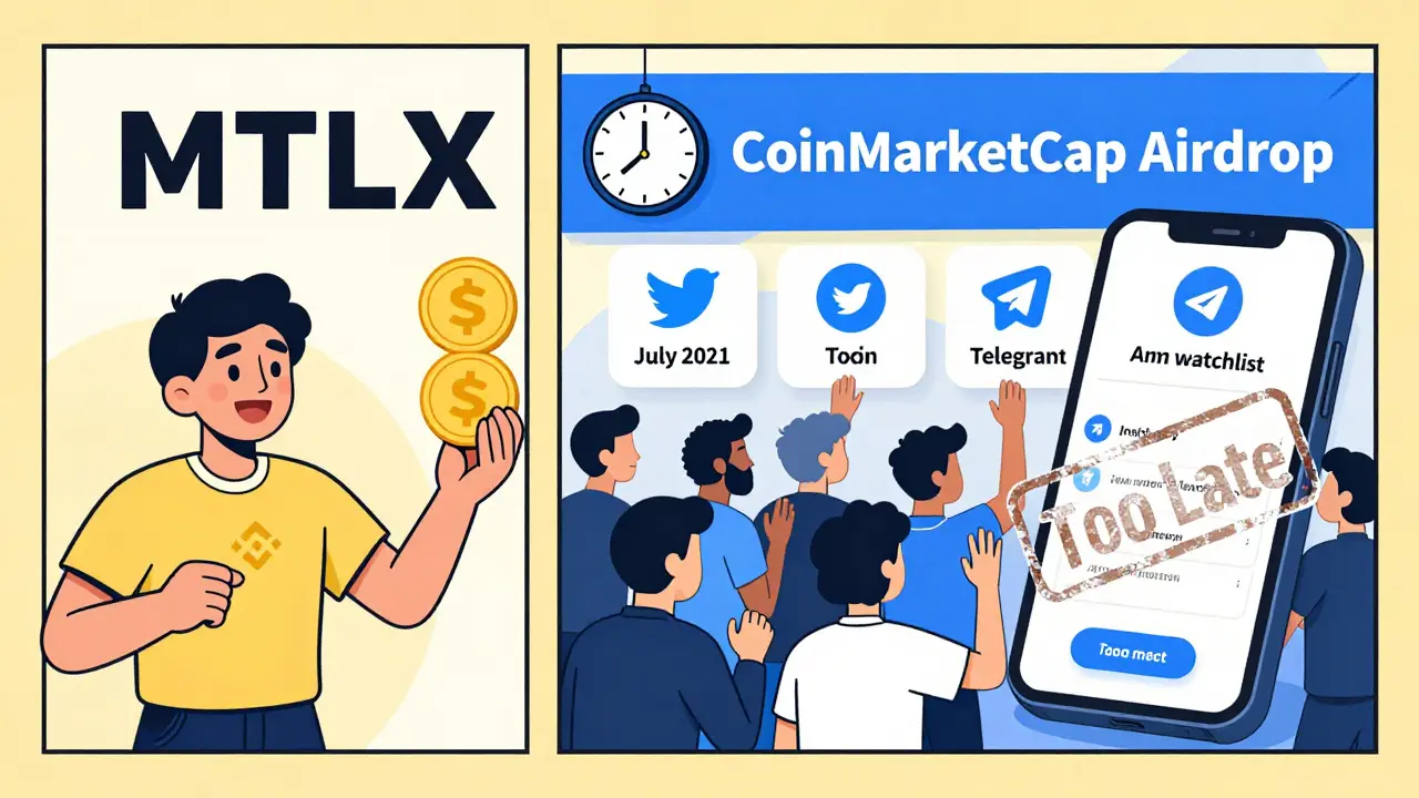 Two scenes: one shows automatic MTLX airdrop on Binance, the other shows people rushing to complete social tasks for CoinMarketCap rewards.