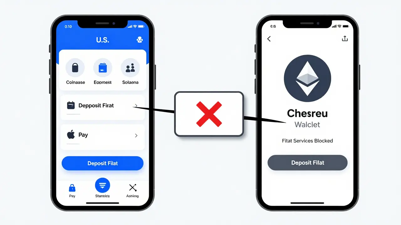 Two smartphones side by side: one with full Coinbase App features, the other showing only Wallet access with fiat deposit blocked.