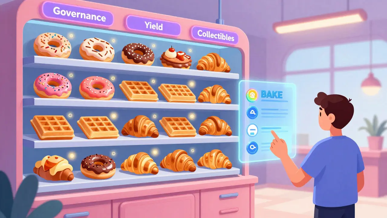 Users trade food NFTs at BakerySwap Supermarket while voting on governance proposals using BAKE tokens.