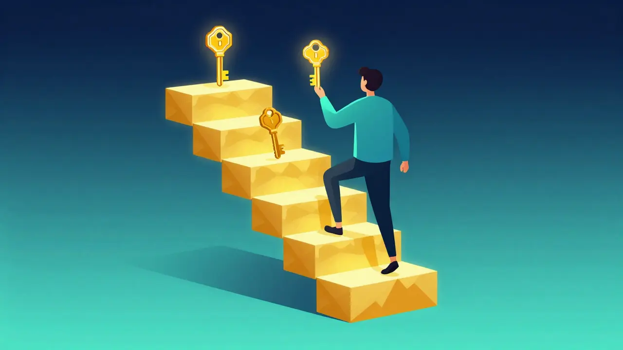 A character climbing a five-tier staircase of gold blocks to collect NFT keys.