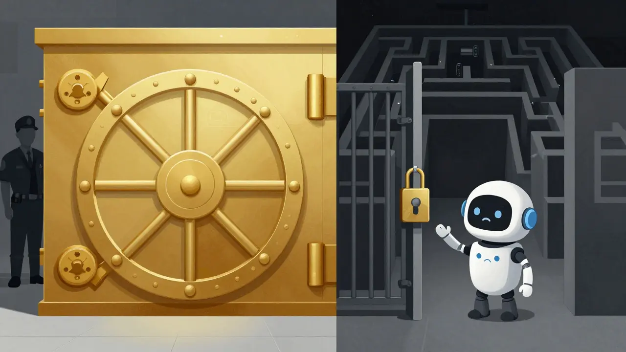 A comparison between a secure golden vault and a dark digital labyrinth with a bot