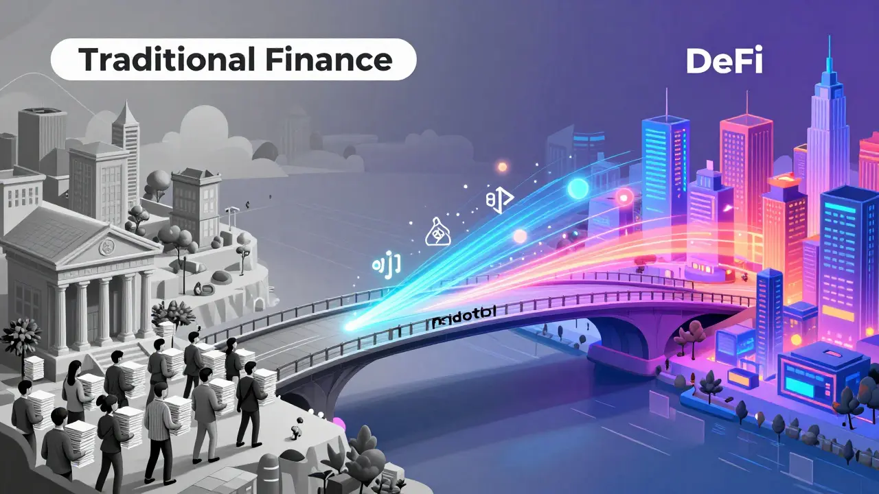 A conceptual bridge connecting a slow traditional finance world to a fast digital DeFi city.