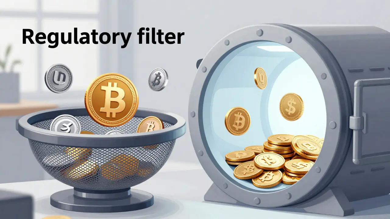 A conceptual filter separating non-compliant USDT coins from MiCA-compliant stablecoins.
